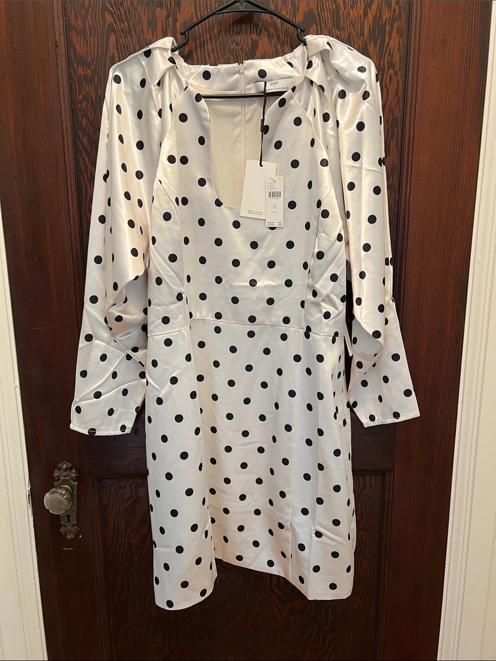 Anthropologie White Satin Polka Dot Long Sleeve Dress